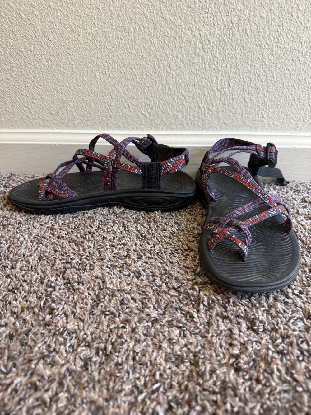 Chaco Women's Black Sandals with Purple and Red Patterned Straps